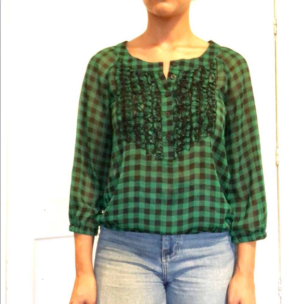 H&M sheer Green Gingham Blouse size 4
